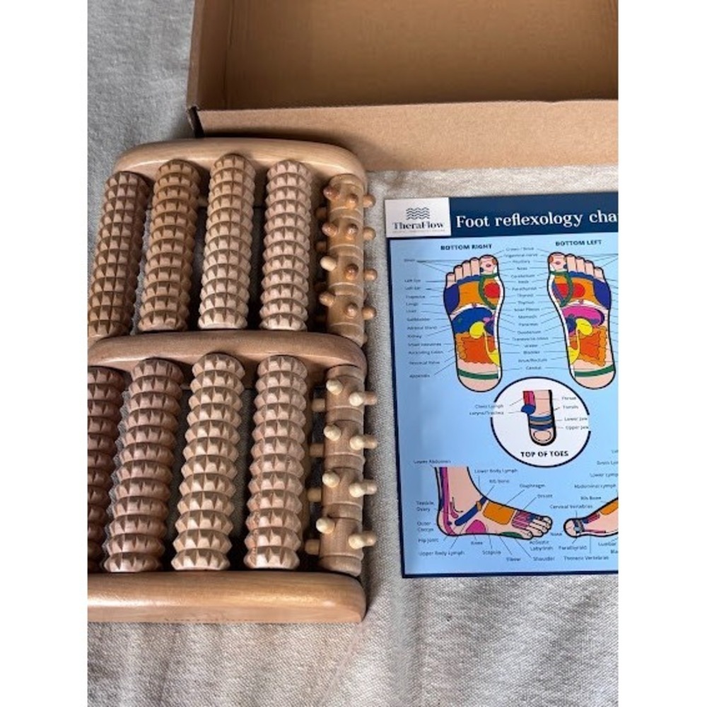 TheraFlow Large Dual Foot Massager Roller‎ Wooden Reflexology Acupressure  Chart